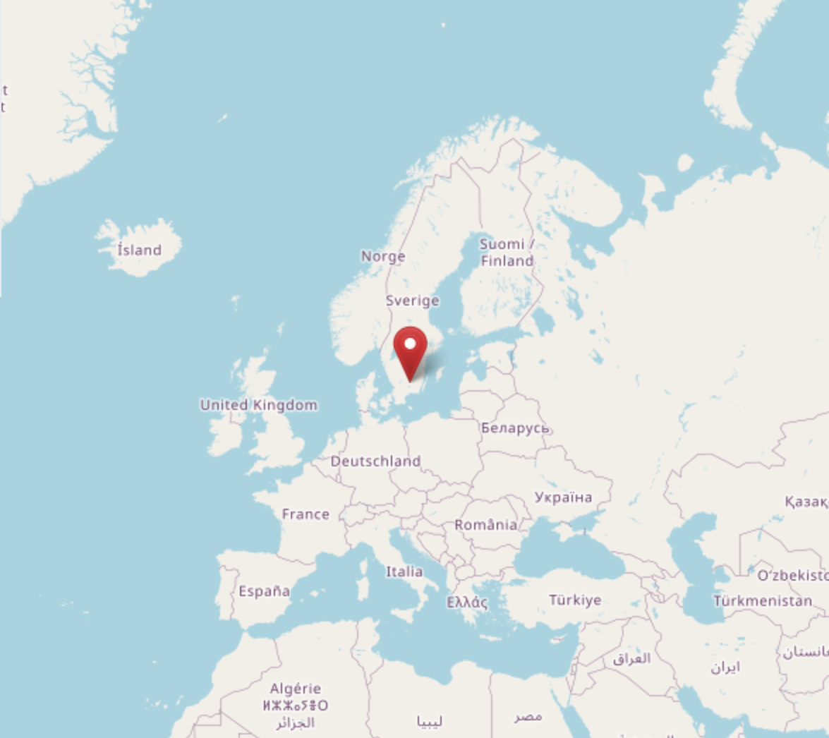 A map of a part of Europe, with a pin in Växjö, Sweden