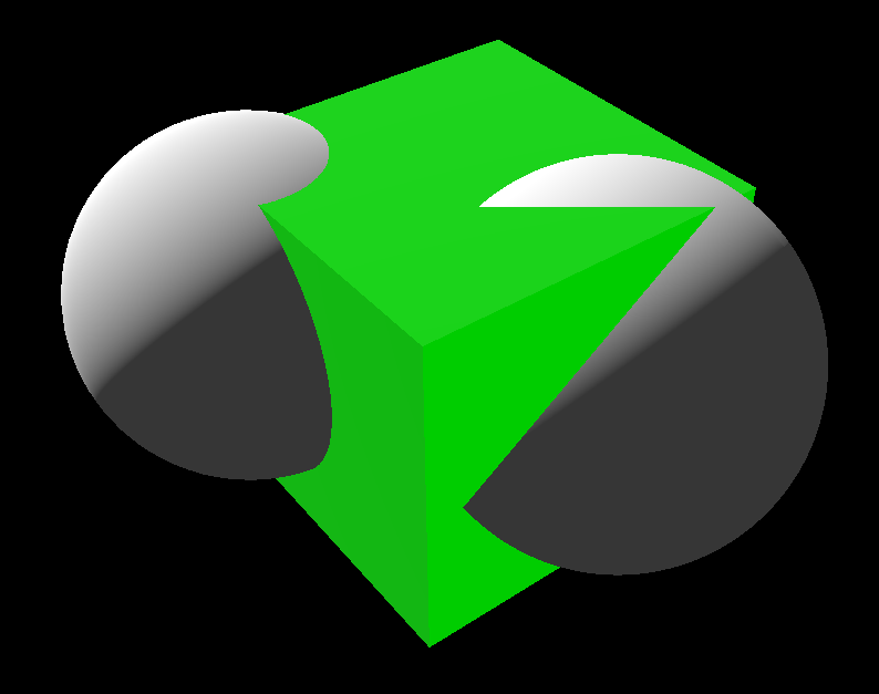 Two spheres intersect with a cube, one of the spheres has a flat intersection with the cube.