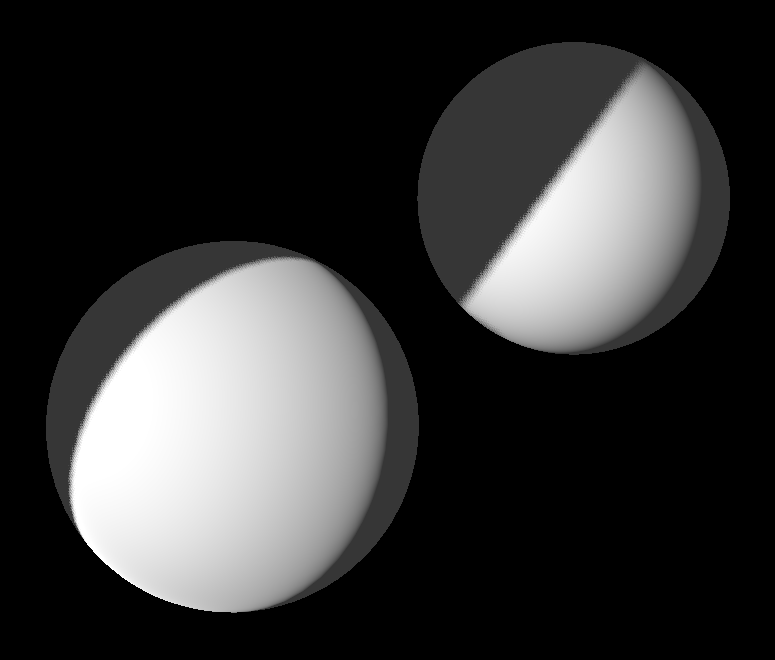 Two spheres are partially shaded by a straight wall, one looks as expected, on the other sphere the shadow is like a straight line across it despite its curved surface.