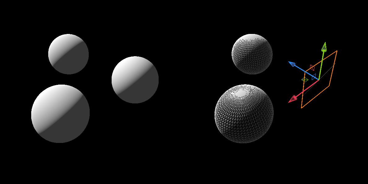 Three spheres, one is revealed to be a plane, but is indistinguishable from the real spheres