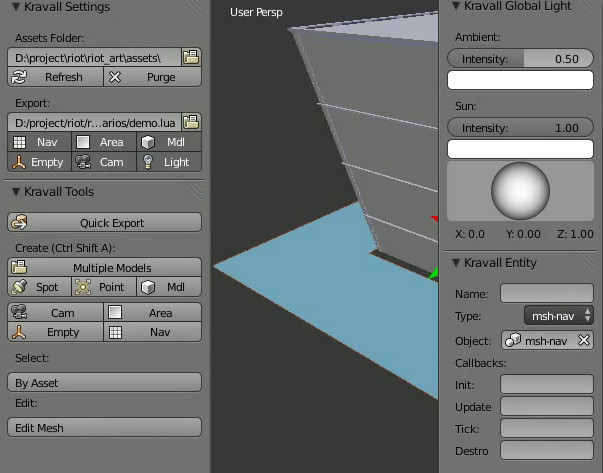 The two menus created for the Kravall level editor.