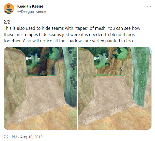 A tweet from Keegan Keene reads "This is also used to hide seams with "tapes" of mesh. You can see how these mesh tapes hide seams just were it is needed to blend things together. Also will notice all the shadows are vertex painted in too."